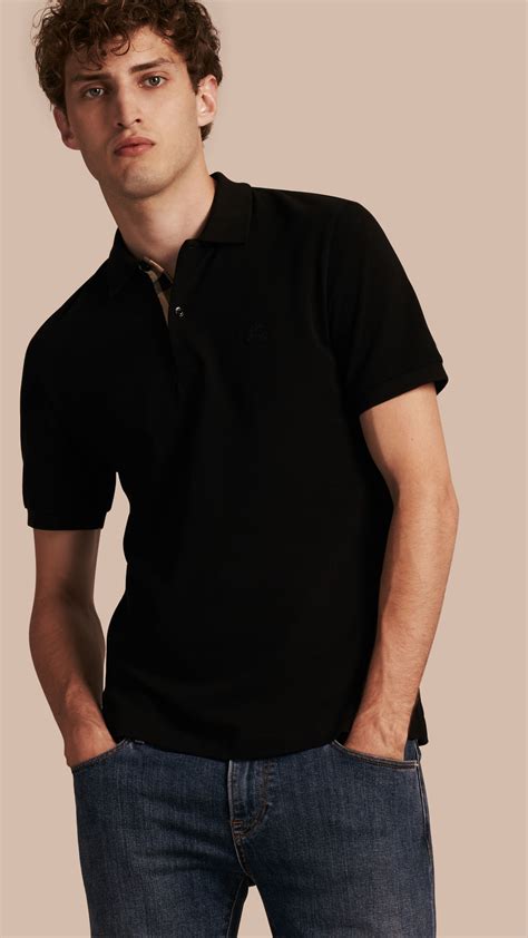 burberry hidden plaid placket shirt button-down top|Check Label Cotton Polo Shirt in Black .